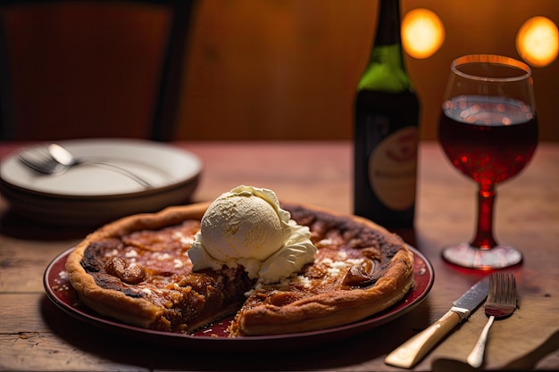 Pizza con zucchero di canna alla mela cannella condita con gelato alla vaniglia