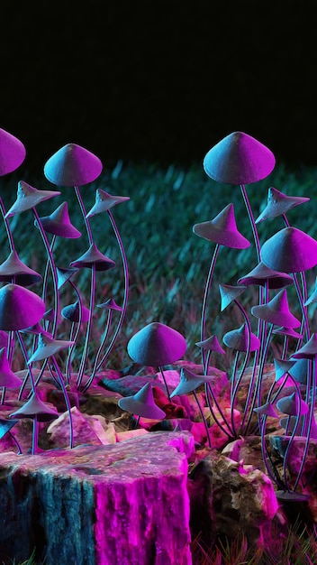 Primo piano vista di rendering 3D dei funghi allucinogeni viola Psilocybe cubensis