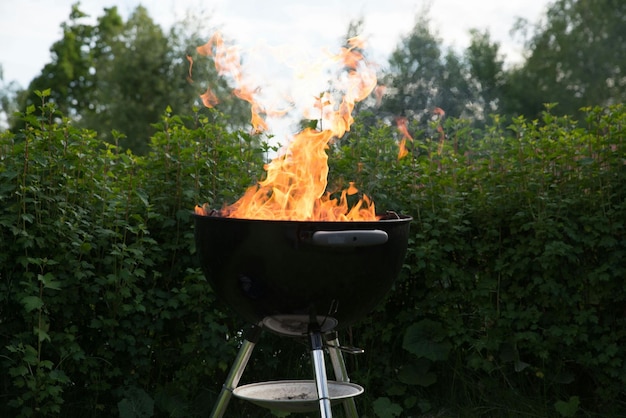 Foto prossimo piano del fuoco nel barbecue contro le piante