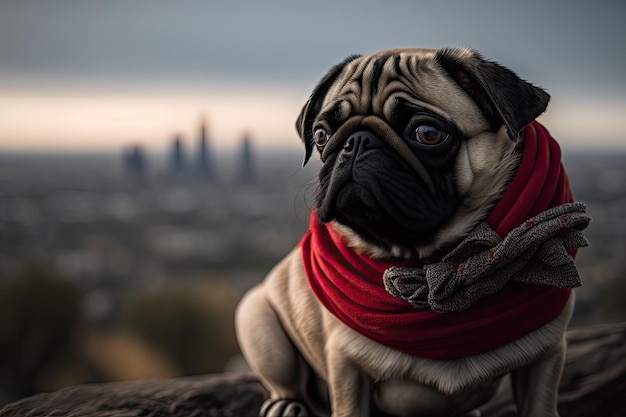 Pug osserva lo straordinario skyline da una pittoresca posizione in cima a una collina nel parco dell'IA generativa