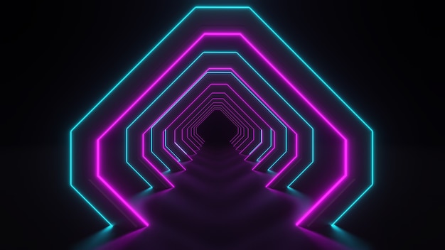 Rendering 3D del corridoio con luci al neon