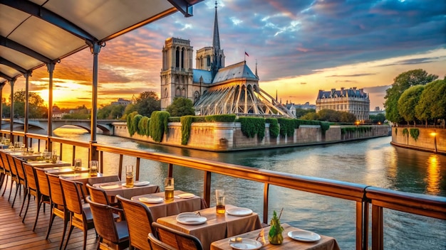 Ristorante sulla Senna Ristorante su una barca sul fiume Senna con vista sulla cattedrale di Notre Dame di Parigi a Parigi Francia