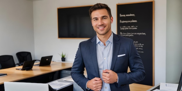 Ritratto di un uomo professionista sorridente in abito uomo d'affari in piedi in un ufficio