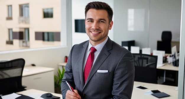 Ritratto di un uomo professionista sorridente in abito uomo d'affari in piedi in un ufficio