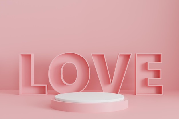 San Valentino sfondo rosa con display del prodotto e scritta AMORE rendering 3d