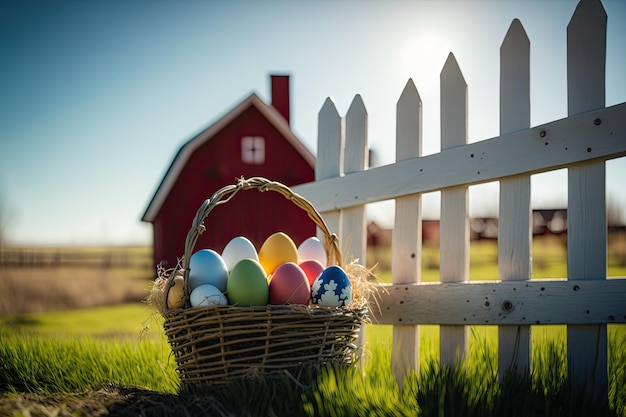 Scena di Pasqua tradizionale con cesto di vimini di uova decorate in prato verde con intelligenza artificiale generativa