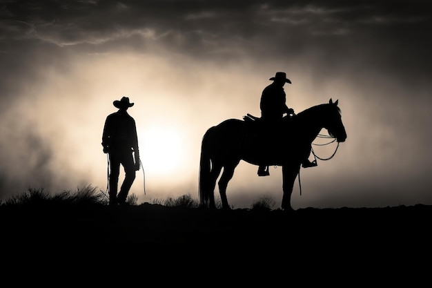 Silhouette di un cowboy in sella a un cavallo illustrazione equestre carta da parati