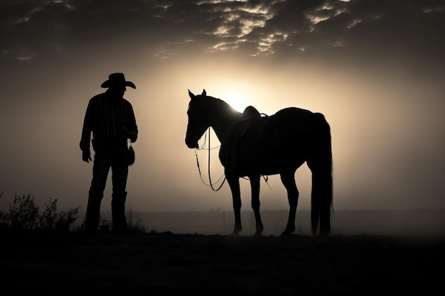 Silhouette di un cowboy in sella a un cavallo illustrazione equestre carta da parati