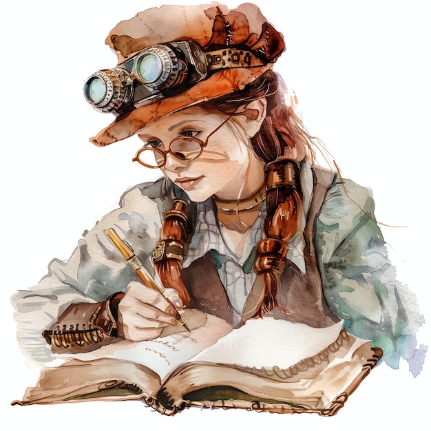 steampunk clippart di una ragazza che scrive in un diario cool futuristico e vecchio