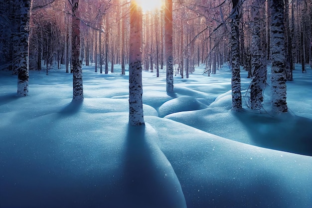 Tramonto in una mistica foresta innevata boschetto 3D opere d'arte sullo sfondo della natura