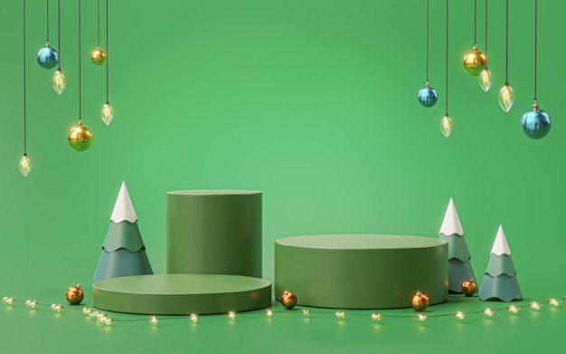 Tre Podio Stage Show Prodotto Albero di Natale Palla Ornamento Luci Hanging Green 3D Render