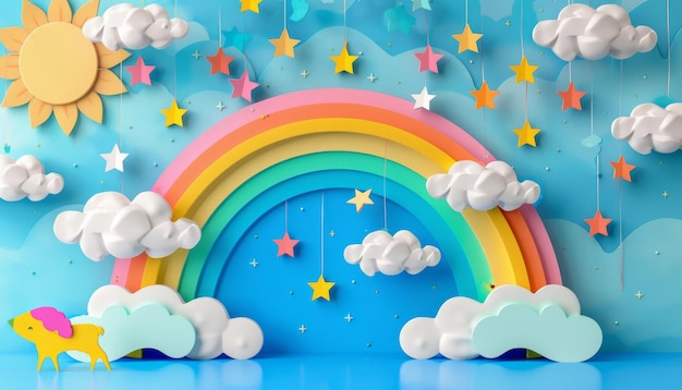 Un arcobaleno colorato con nuvole e stelle su uno sfondo blu perfetto per un design capriccioso e magico