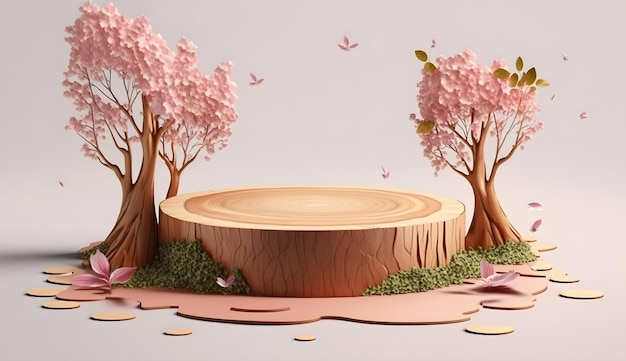 Un cerchio di legno con un ceppo d'albero al centro e fiori rosa sul fondo.