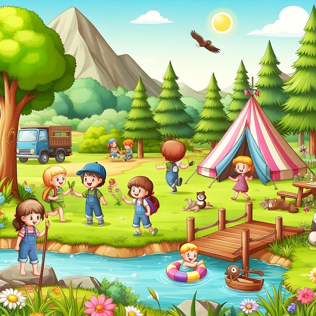 un'illustrazione a cartone animato di bambini che giocano in un parco con un fiume e una tenda