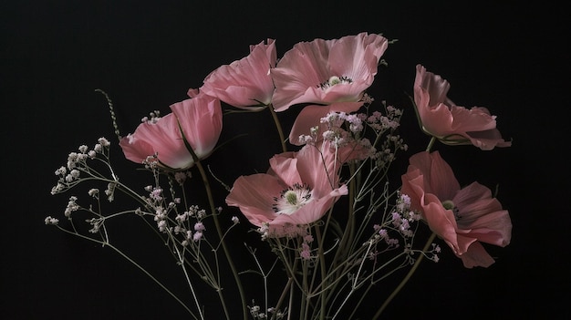 un mazzo di fiori rosa con la parola " peonie " in fondo