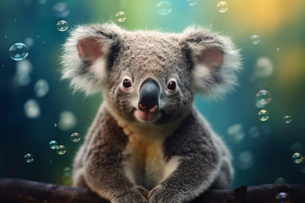 un orso koala seduto su un ramo di un albero circondato da bolle