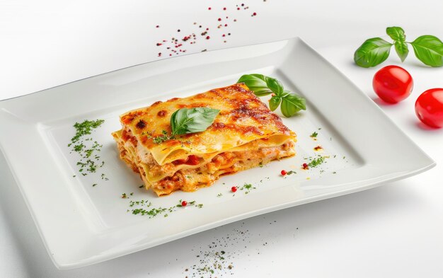 Foto un piatto di lasagna sullo sfondo bianco foto pubblicitaria professionale di cibo ai generato