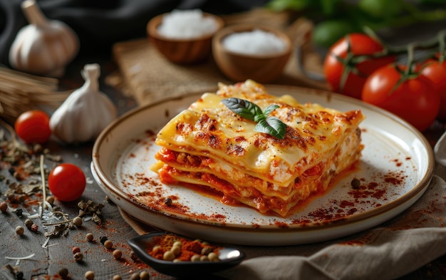 Foto un piatto di lasagna sullo sfondo tradizionale foto pubblicitaria professionale di cibo ai generato