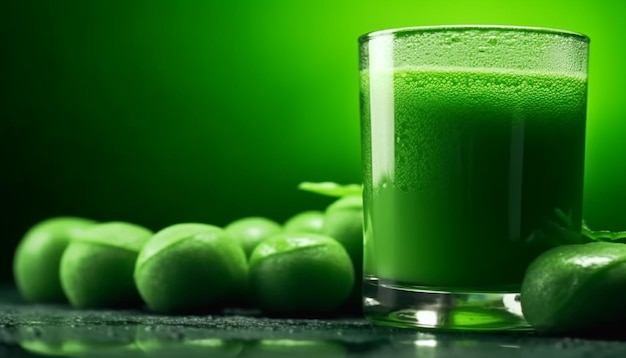 Un rinfrescante cocktail verde con lime e frutta biologica sulla tavola generato dall'intelligenza artificiale