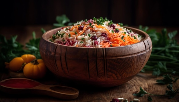 Un sano pasto vegetariano con verdure fresche e riso basmati generato dall'IA