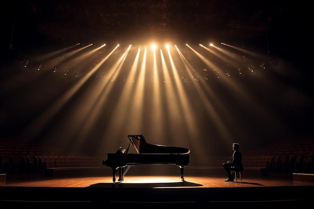 Foto un uomo e una donna sono su un pianoforte al centro di un palcoscenico con la luce che li illumina.