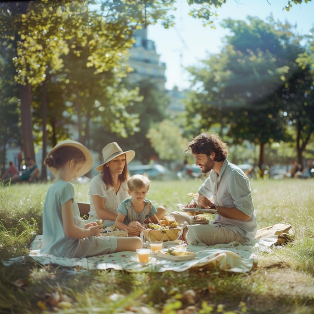 una famiglia è seduta su una coperta da picnic nel parco