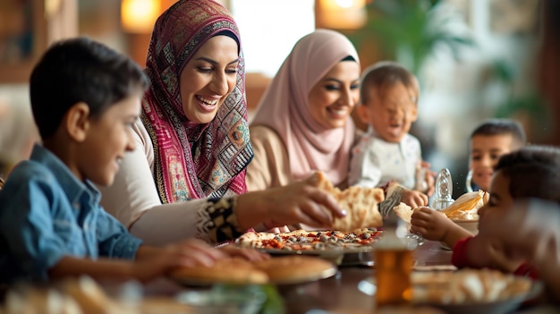 Una felice famiglia del Medio Oriente condivide la Pita