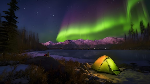 Una tenda è illuminata di notte con l'aurora boreale sullo sfondo.