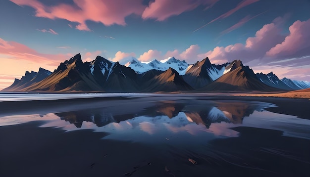 Una vista mozzafiato della vasta spiaggia di sabbia nera di Stokksnes in Islanda con la drammatica catena montuosa del Vestrahorn in uno splendido paesaggio nordico