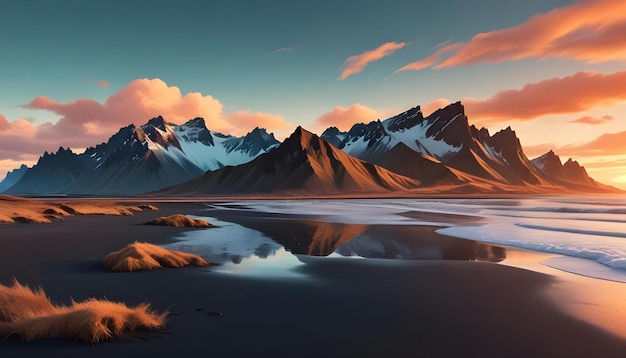 Una vista mozzafiato della vasta spiaggia di sabbia nera di Stokksnes in Islanda con la drammatica catena montuosa del Vestrahorn in uno splendido paesaggio nordico