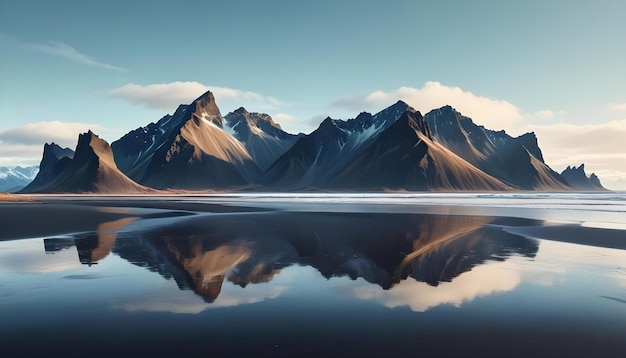 Una vista mozzafiato della vasta spiaggia di sabbia nera di Stokksnes in Islanda con la drammatica catena montuosa del Vestrahorn in uno splendido paesaggio nordico