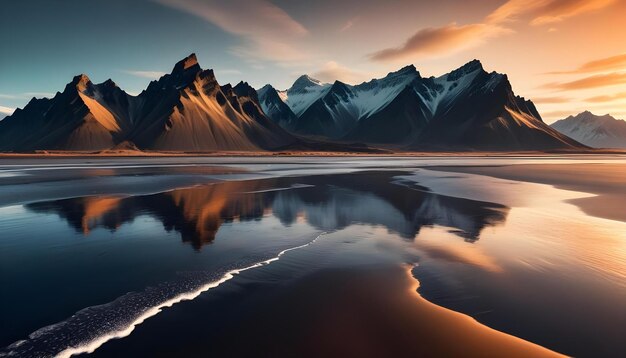 Una vista mozzafiato della vasta spiaggia di sabbia nera di Stokksnes in Islanda con la drammatica catena montuosa del Vestrahorn in uno splendido paesaggio nordico