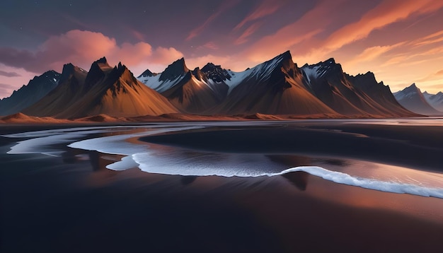 Una vista mozzafiato della vasta spiaggia di sabbia nera di Stokksnes in Islanda con la drammatica catena montuosa del Vestrahorn in uno splendido paesaggio nordico