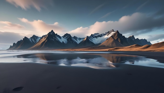 Una vista mozzafiato della vasta spiaggia di sabbia nera di Stokksnes in Islanda con la drammatica catena montuosa del Vestrahorn in uno splendido paesaggio nordico