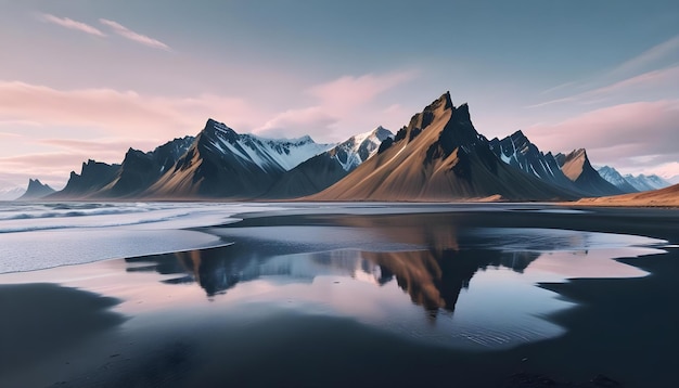 Una vista mozzafiato della vasta spiaggia di sabbia nera di Stokksnes in Islanda con la drammatica catena montuosa del Vestrahorn in uno splendido paesaggio nordico