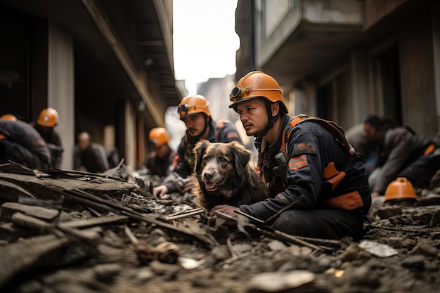 USAR Urban Search and Rescue insieme ai loro cani da ricerca e soccorso K9 si mobilitano per cercare i sopravvissuti al terremoto tra le macerie di un edificio crollato Generato con l'intelligenza artificiale