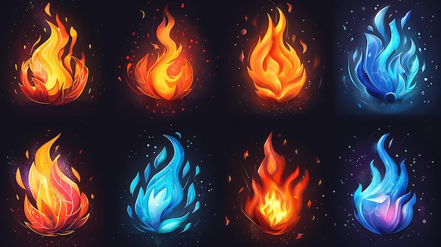 Foto versatile set di icone di fuoco con vari disegni di fiamme con forme dinamiche e stilizzate effetti luminosi e colori vivaci su uno sfondo scuro per progetti digitali