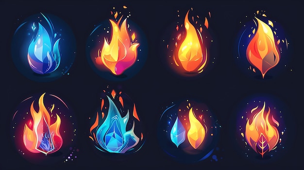 Foto versatile set di icone di fuoco con vari disegni di fiamme con forme dinamiche e stilizzate effetti luminosi e colori vivaci su uno sfondo scuro per progetti digitali