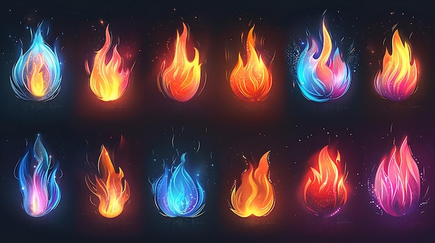 Foto versatile set di icone di fuoco con vari disegni di fiamme con forme dinamiche e stilizzate effetti luminosi e colori vivaci su uno sfondo scuro per progetti digitali