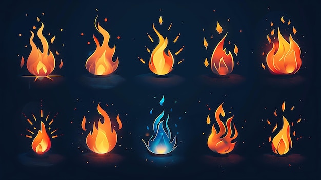 Foto versatile set di icone di fuoco con vari disegni di fiamme con forme dinamiche e stilizzate effetti luminosi e colori vivaci su uno sfondo scuro per progetti digitali