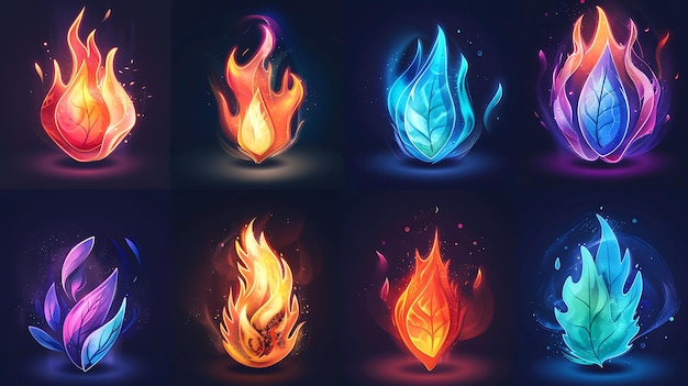 Foto versatile set di icone di fuoco con vari disegni di fiamme con forme dinamiche e stilizzate effetti luminosi e colori vivaci su uno sfondo scuro per progetti digitali