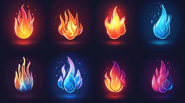 Foto versatile set di icone di fuoco con vari disegni di fiamme con forme dinamiche e stilizzate effetti luminosi e colori vivaci su uno sfondo scuro per progetti digitali