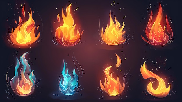 Foto versatile set di icone di fuoco con vari disegni di fiamme con forme dinamiche e stilizzate effetti luminosi e colori vivaci su uno sfondo scuro per progetti digitali