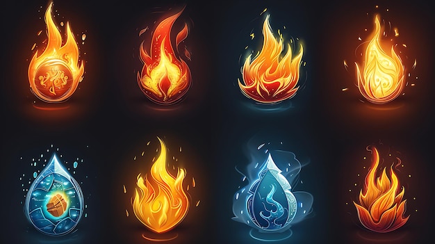 Foto versatile set di icone di fuoco con vari disegni di fiamme con forme dinamiche e stilizzate effetti luminosi e colori vivaci su uno sfondo scuro per progetti digitali