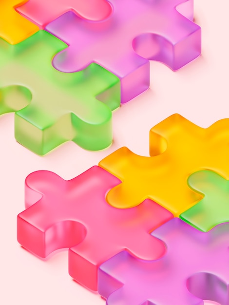 Vista 3D di coloratissimi pezzi del puzzle