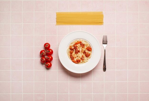 Foto vista dall'alto della pasta con carne in piatto bianco vicino a forchetta e pomodorini su sfondo rosa