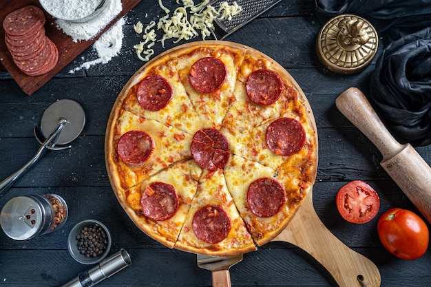 Vista dall'alto della pizza ai peperoni su uno sfondo di legno nero