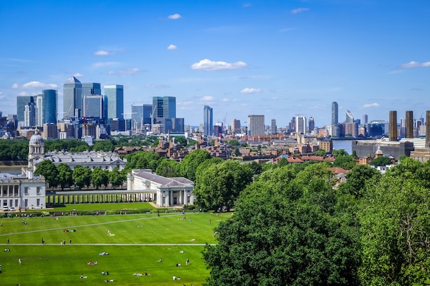 Vista di Canary Wharf da Greenwich Park, Londra, Regno Unito