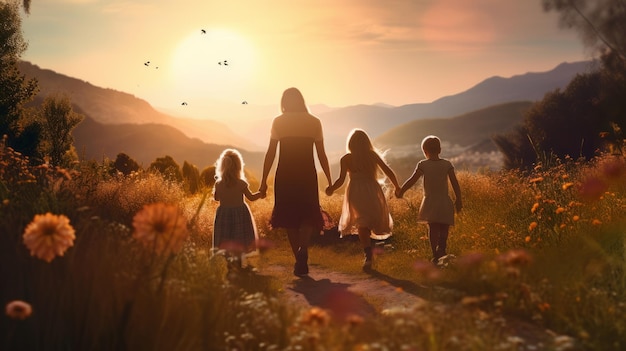 Vista posteriore di una madre con i figli che passeggiano attraverso la bella natura nei raggi del sole al tramonto Valori familiari Persone in natura Momenti felici Concepti di stile di vita