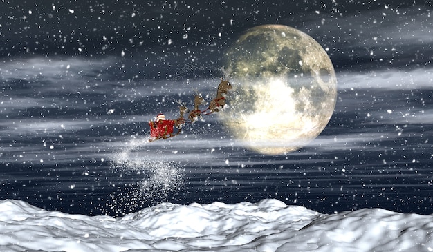 3D render do Papai Noel voando pelo céu noturno